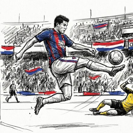 Soccer player in blue-and-red jersey leaps to kick the ball into the goal as the goalkeeper in yellow lies on the ground; crowded stadium with flags in the stands.