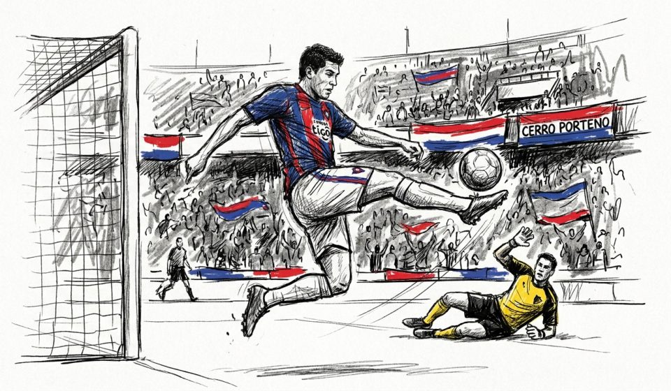 Soccer player in blue-and-red jersey leaps to kick the ball into the goal as the goalkeeper in yellow lies on the ground; crowded stadium with flags in the stands.