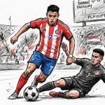 Soccer scene: Chilean player in red-and-white striped jersey (number 7) shields the ball as a black-clad opponent slides in for a tackle in a crowded stadium playoff setting.