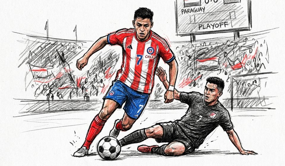 Soccer scene: Chilean player in red-and-white striped jersey (number 7) shields the ball as a black-clad opponent slides in for a tackle in a crowded stadium playoff setting.