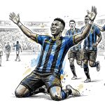 Soccer players in blue and black striped kits celebrate a goal; one kneels with arms raised as teammates run toward him.