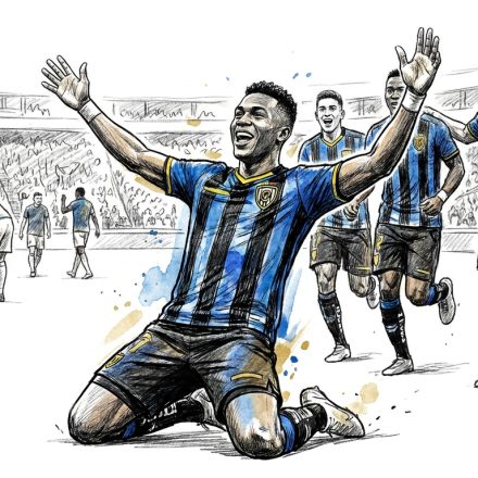 Soccer players in blue and black striped kits celebrate a goal; one kneels with arms raised as teammates run toward him.