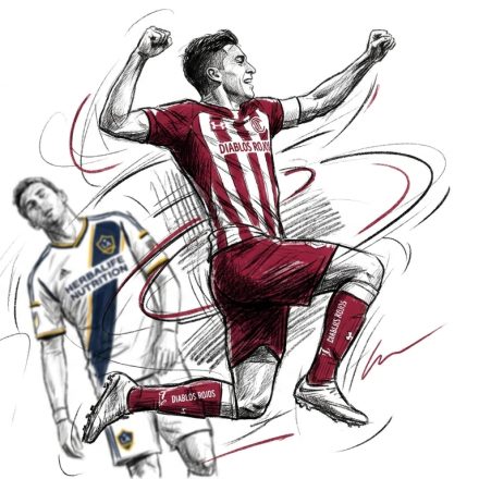 Sketch of a soccer player in a red-and-white striped kit leaping with fists raised in celebration, with a second player in a white-blue-yellow Herbalife kit standing behind.