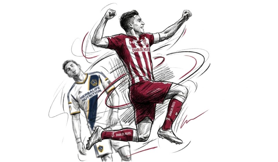 Sketch of a soccer player in a red-and-white striped kit leaping with fists raised in celebration, with a second player in a white-blue-yellow Herbalife kit standing behind.