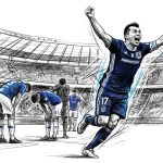Soccer player in blue kit (#17) celebrates with arms raised on the field as teammates bow in the background at a stadium (illustration).