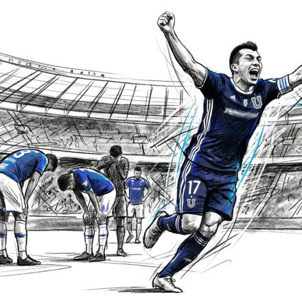 Soccer player in blue kit (#17) celebrates with arms raised on the field as teammates bow in the background at a stadium (illustration).