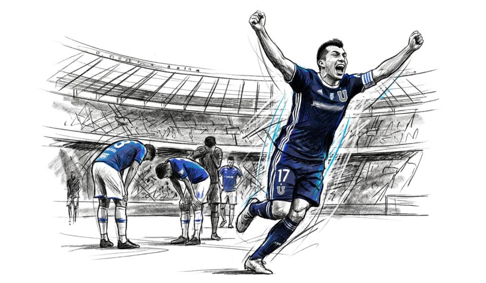 Soccer player in blue kit (#17) celebrates with arms raised on the field as teammates bow in the background at a stadium (illustration).