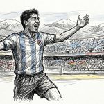 Soccer player in a blue-and-white striped jersey celebrates with arms raised on a crowded stadium field, mountains in the background.