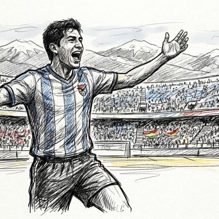 Soccer player in a blue-and-white striped jersey celebrates with arms raised on a crowded stadium field, mountains in the background.