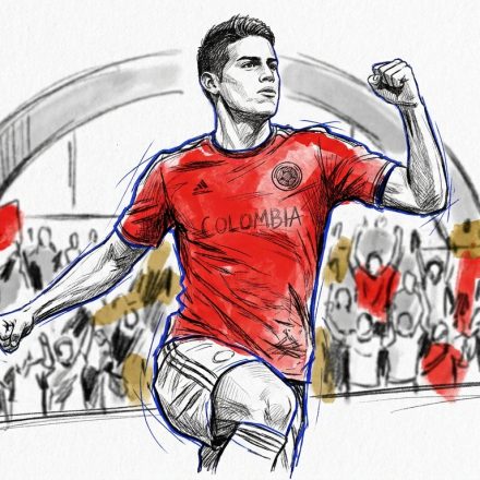 Sketch of a soccer player in a red Colombia jersey celebrating with a raised fist, crowd in the background.