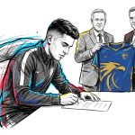 Footballer signs a contract at a desk as two suited executives present a blue and gold club jersey
