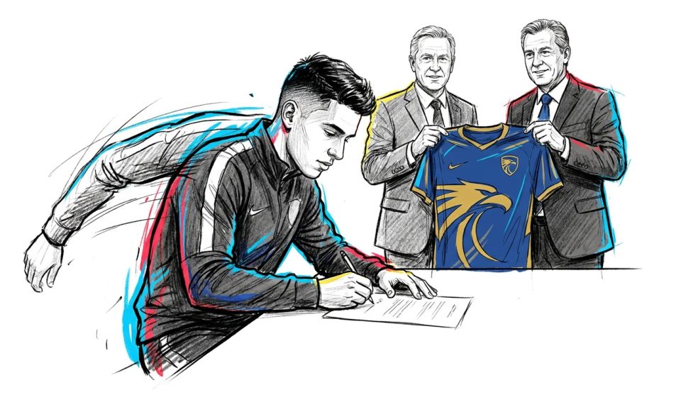 Footballer signs a contract at a desk as two suited executives present a blue and gold club jersey