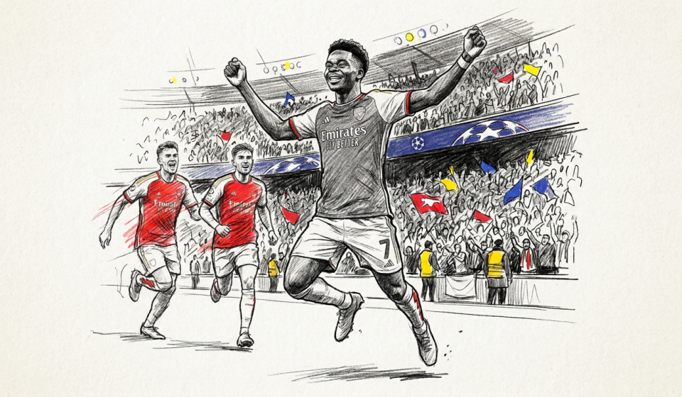 Soccer player in an Arsenal kit celebrates a goal with arms raised as fans cheer in a crowded stadium.