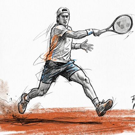 Tennis player in a sprinting pose on a red clay court, swinging a racket toward the ball.