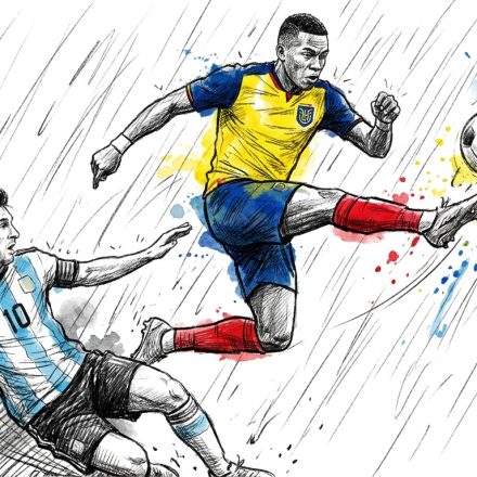 Sketched soccer scene: a yellow-jersey attacker kicks toward the goal as a blue-striped defender slides in the rain behind him. Goalside net on the right.