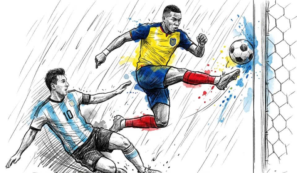 Sketched soccer scene: a yellow-jersey attacker kicks toward the goal as a blue-striped defender slides in the rain behind him. Goalside net on the right.