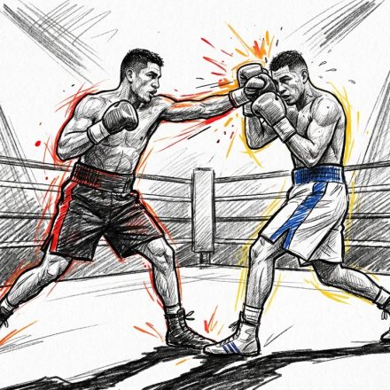 Two boxers clash in a ring: one lands a punch while the other blocks, with dynamic red and yellow energy lines around them.