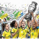 Brazilian women's soccer team lifts a large trophy in celebration on the field, with cheering crowd and confetti; Argentina players stand in the background.