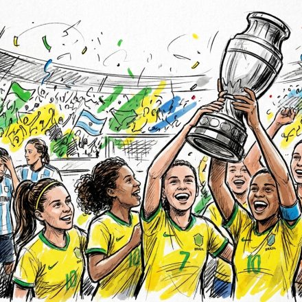 Brazilian women's soccer team lifts a large trophy in celebration on the field, with cheering crowd and confetti; Argentina players stand in the background.