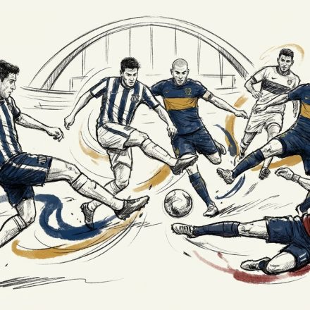 Cartoon-style soccer match with players in red, blue, and white uniforms chasing the ball on a stadium scene.