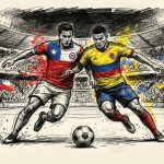 Two soccer players chase a ball in a crowded stadium, one in a Chilean jersey and the other in a Colombian jersey, competing for possession.