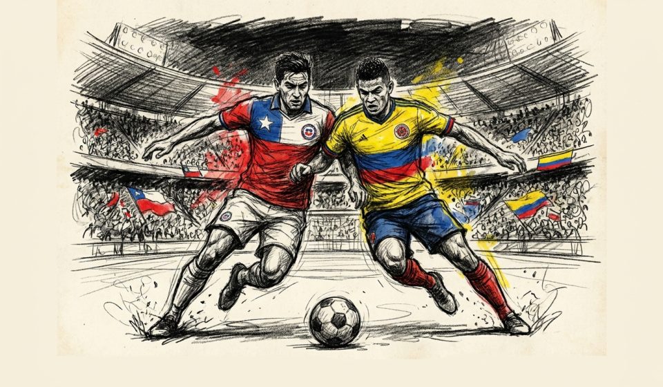 Two soccer players chase a ball in a crowded stadium, one in a Chilean jersey and the other in a Colombian jersey, competing for possession.