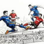 Soccer players in blue and red collide as one slides while another kicks the ball, surrounded by a cheering crowd in a sketchy stadium scene.