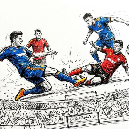 Soccer players in blue and red collide as one slides while another kicks the ball, surrounded by a cheering crowd in a sketchy stadium scene.