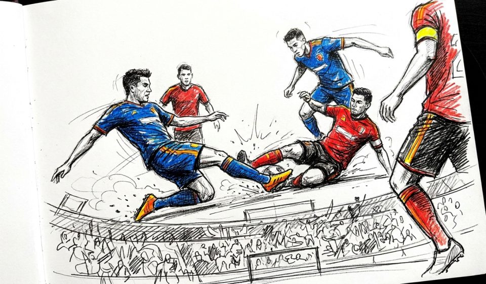 Soccer players in blue and red collide as one slides while another kicks the ball, surrounded by a cheering crowd in a sketchy stadium scene.