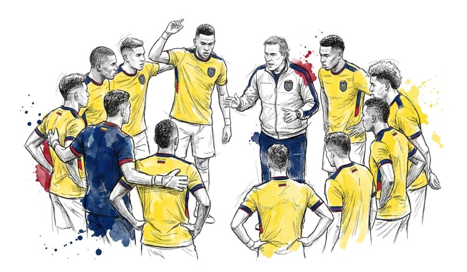 Soccer coach speaking to a group of players in yellow jerseys, forming a circle on the field