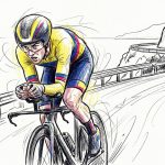 Cyclist in a yellow jersey hunched over handlebars on a curved road, with a second rider and cheering spectators in the background.