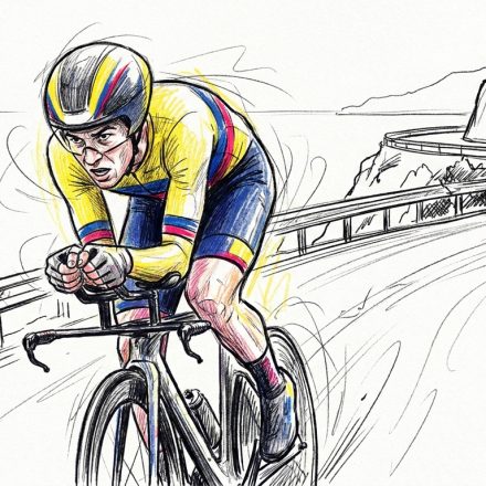 Cyclist in a yellow jersey hunched over handlebars on a curved road, with a second rider and cheering spectators in the background.