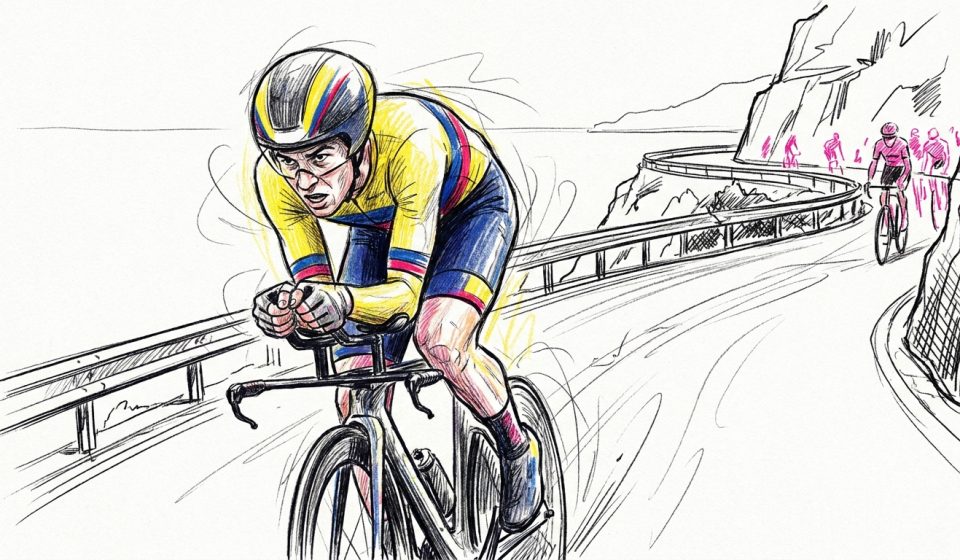 Cyclist in a yellow jersey hunched over handlebars on a curved road, with a second rider and cheering spectators in the background.