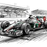 Sketch of a green and red Formula 1 car speeding along a race track with crowded stands in the background.