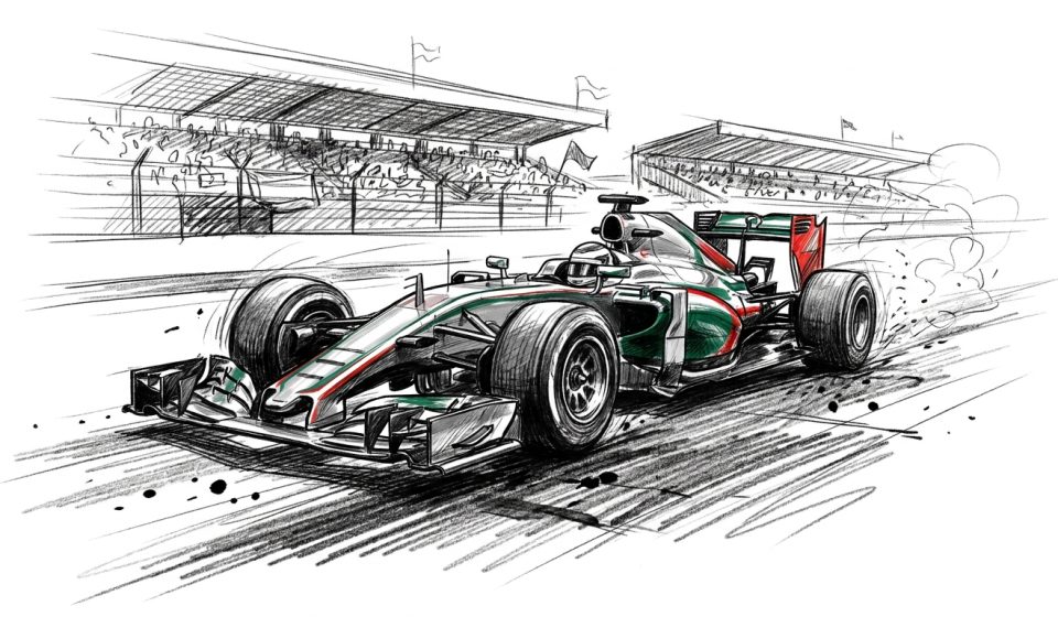 Sketch of a green and red Formula 1 car speeding along a race track with crowded stands in the background.