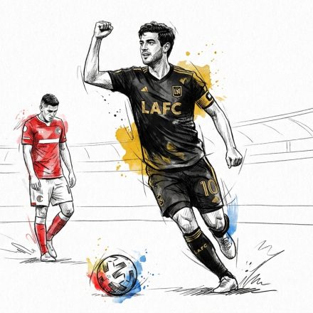 Sketch of a LAFC player in black (number 10) celebrating a goal as he runs with the ball; red-clad opponent in the background watches.