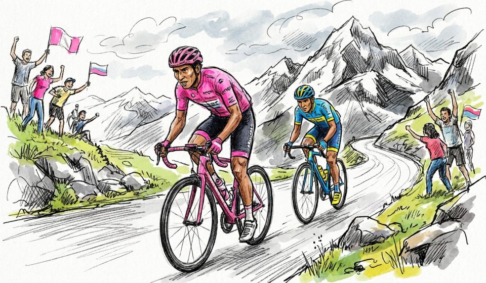Cyclists racing on a winding mountain road as spectators cheer with pink and blue flags.