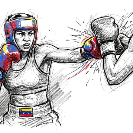 Sketch of two boxers in a bout; left fighter in Venezuelan colors on gloves and belt lands a punch toward the opponent's head in a dynamic sketch.