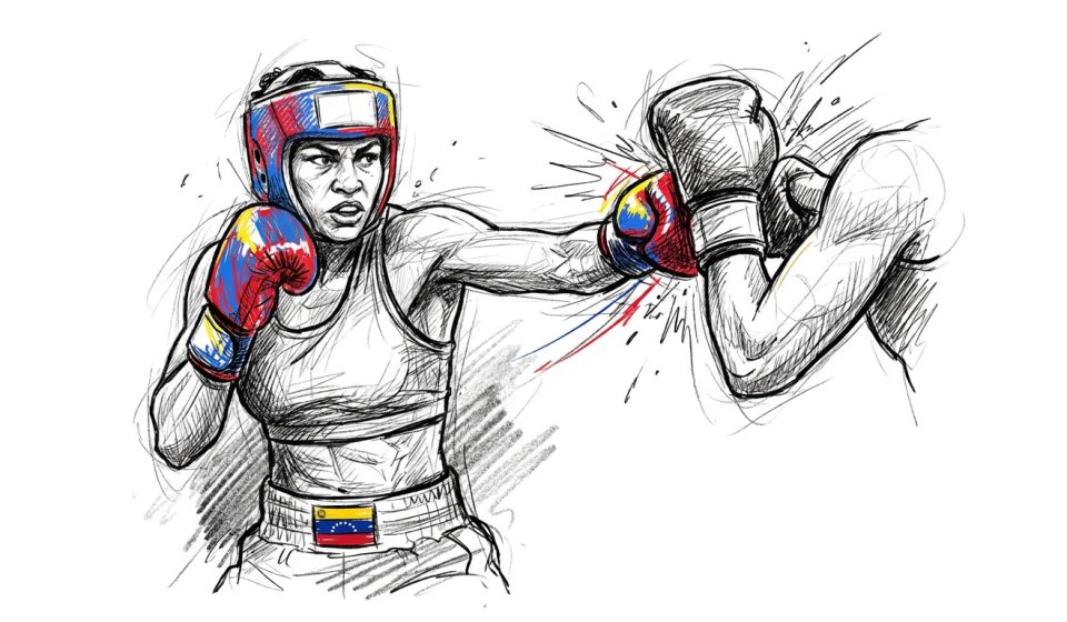 Sketch of two boxers in a bout; left fighter in Venezuelan colors on gloves and belt lands a punch toward the opponent's head in a dynamic sketch.