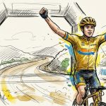 Cyclist in yellow leader jersey raises arms in victory as he crosses a finish arch on a winding road, flag in background.