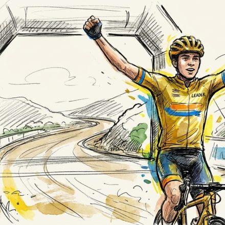 Cyclist in yellow leader jersey raises arms in victory as he crosses a finish arch on a winding road, flag in background.