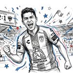 Soccer player celebrates in a stadium with a 2:1 semifinal score (Pachuca vs Monterrey) on the scoreboard and cheering crowd around him, confetti in blue and red.