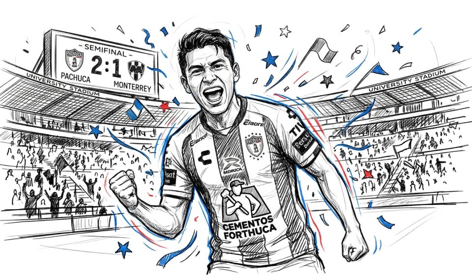 Soccer player celebrates in a stadium with a 2:1 semifinal score (Pachuca vs Monterrey) on the scoreboard and cheering crowd around him, confetti in blue and red.