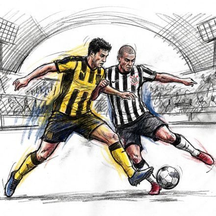 Sketch of two soccer players contesting the ball in a stadium, one in yellow and black stripes and the other in black-and-white stripes, crowd in back.
