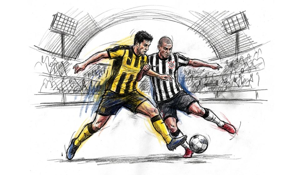 Sketch of two soccer players contesting the ball in a stadium, one in yellow and black stripes and the other in black-and-white stripes, crowd in back.