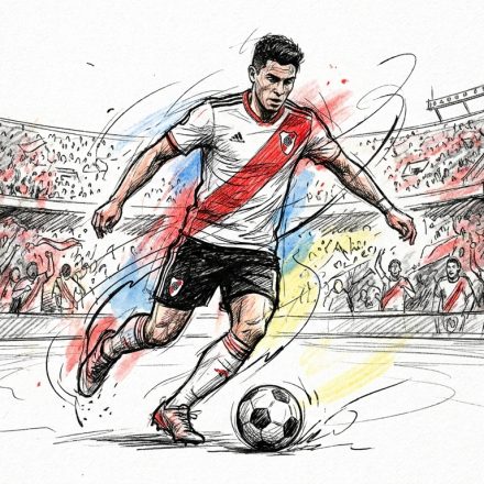 Soccer player in a white jersey with a red diagonal sash kicking a ball on a crowded stadium field amid cheering fans.