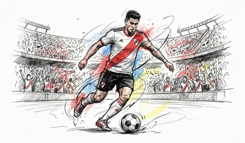 Soccer player in a white jersey with a red diagonal sash kicking a ball on a crowded stadium field amid cheering fans.