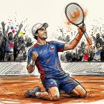 Tennis player kneels on clay court, fist raised in victory, racket lifted as cheering fans applaud in the background (sketch-style).
