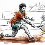 Tennis player in an orange shirt lunges to strike a ball with a racket on a clay court; sketchy background shows ‘ATP Challenger Tour’.
