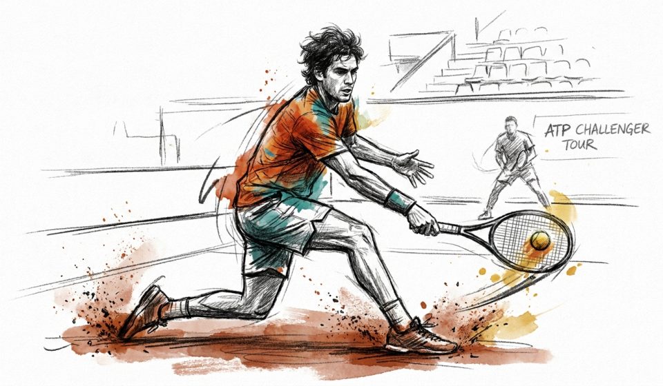Tennis player in an orange shirt lunges to strike a ball with a racket on a clay court; sketchy background shows ‘ATP Challenger Tour’.